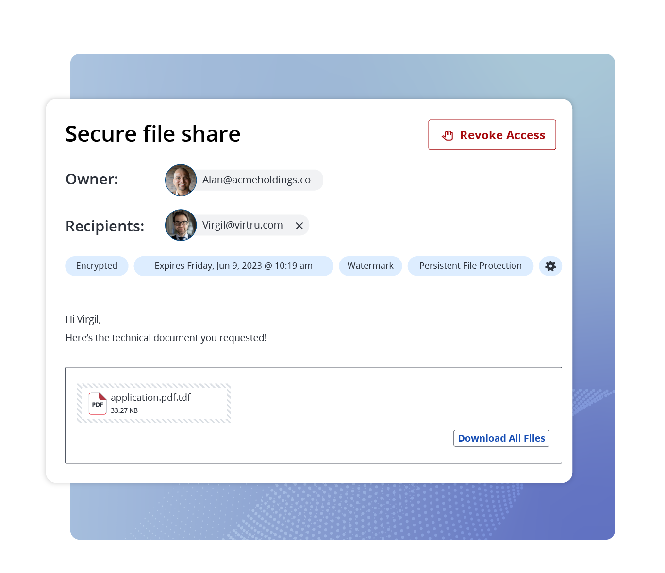 UI for Virtru Secure Share shows a simple interface for uploading and sending encrypted information.