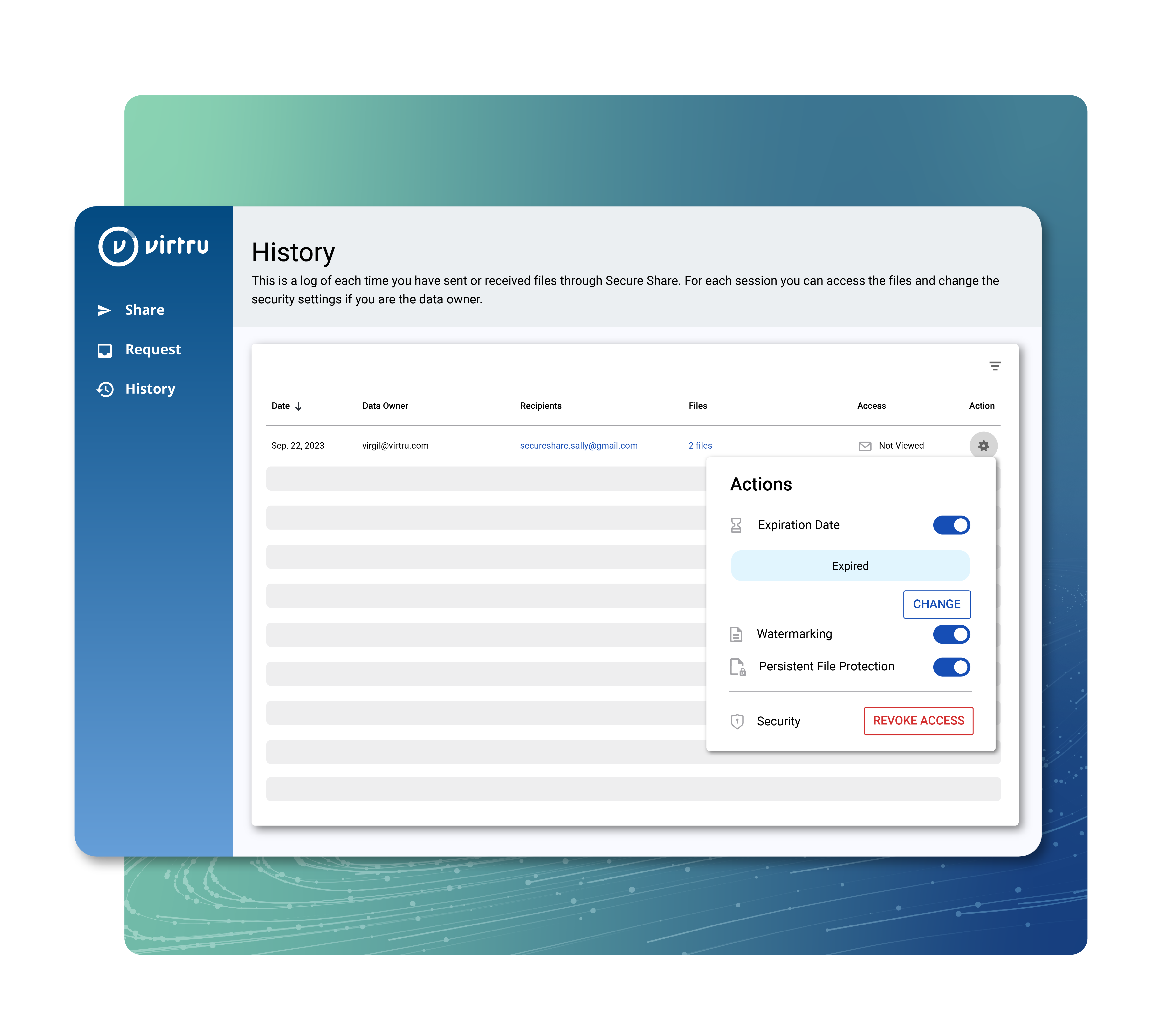 Virtru Secure Share history view allows changes to access