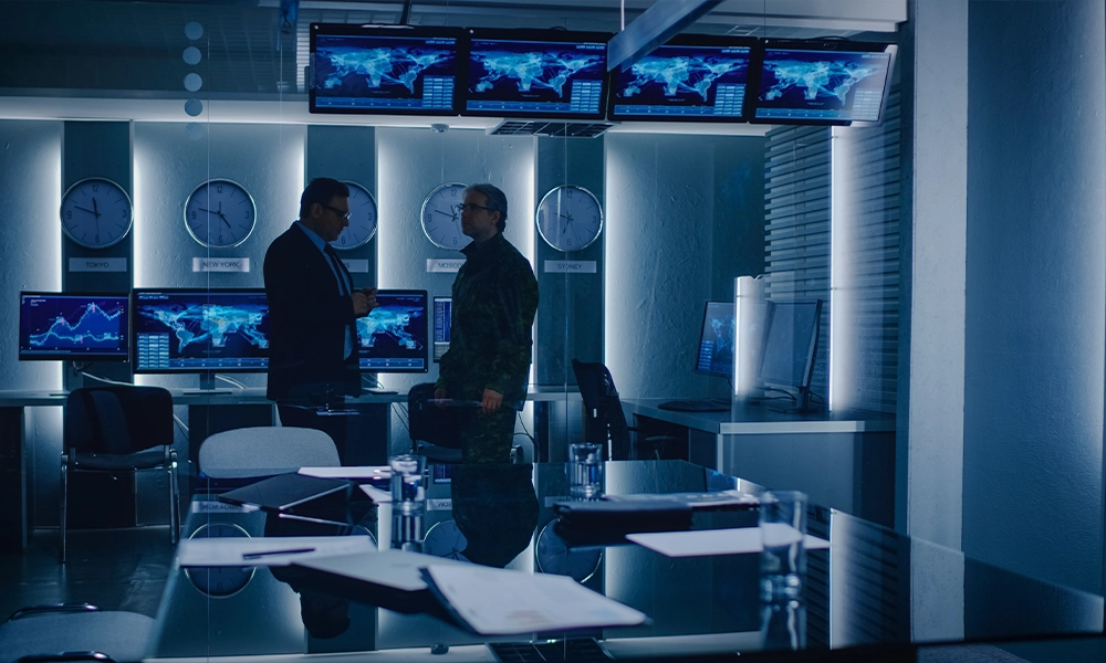 Two defense engineers meet in a secure space