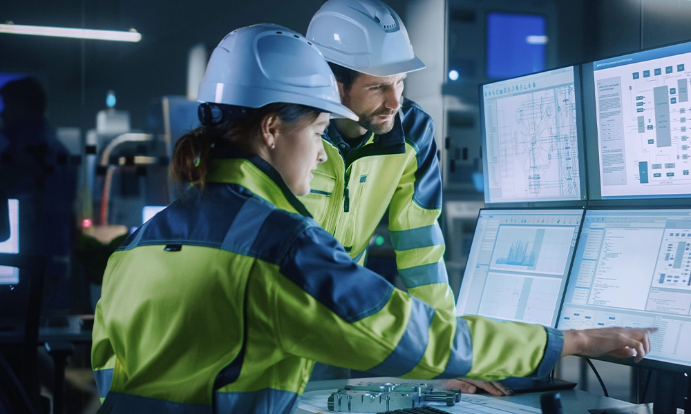 Two engineers in coats and hard hats work at a panel of monitors